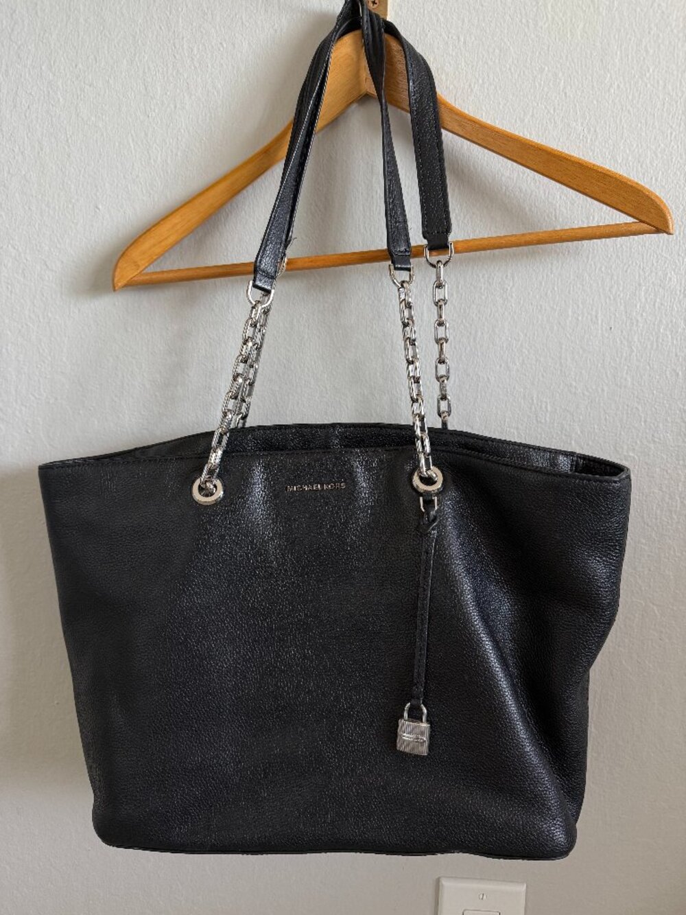 Michael Kors Large Mina Black Pebbled Leather Tote Silver Chain Shoulder Bag